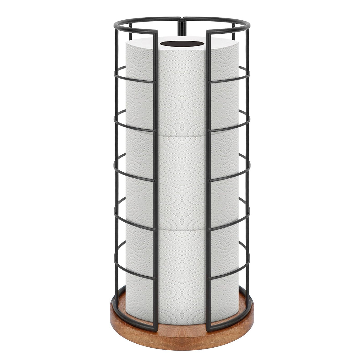 NearMoon Toilet Paper Organizer Stand, Freestanding 3 Rolls Tissue Storage, Metal Bathroom Accessory, Rustproof Toilet Roll Holder for Kitchen Countertop Inside Cabinet Shelf(Wooden Base, Matte Black)
