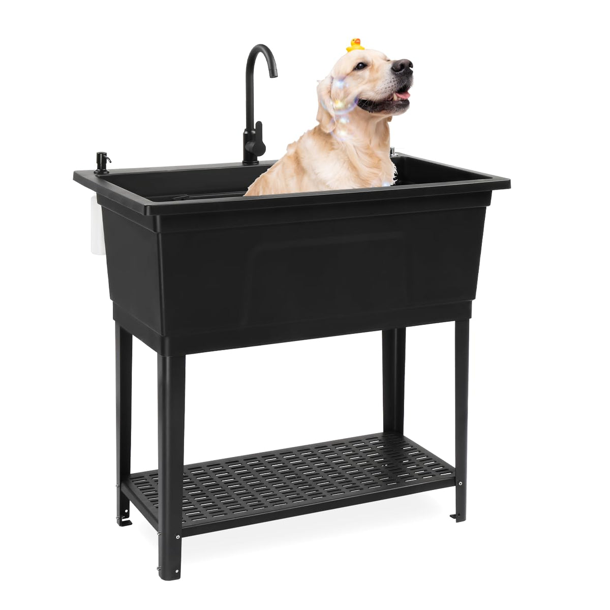 Vingli 37-Gallon Freestanding Utility Sink with Faucet, 36" Heightened Basin for Laundry, Garage, Outdoor Garden, Pet Wash, Heavy Duty Plastic Laundry Tub with Storage Shelf, 40"L×24"W×36"H, Black