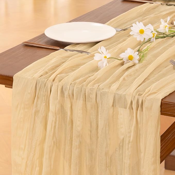Socomi Gold Champagne Cheesecloth Table Runner Christmas Boho Rustic Gauze 120 inch 10FT Cheese Cloth Runner for Wedding Party Baby Shower Birthday Home Decor Holiday Decorations
