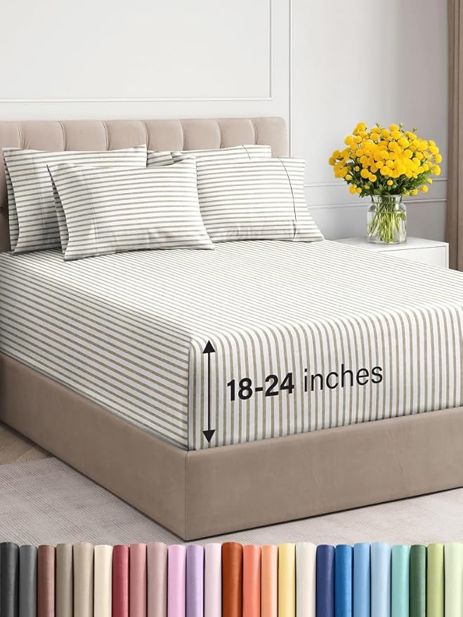 Extra Deep Full Sheet Set - 6 Piece Breathable and Cooling Sheets - Hotel Luxury Bed Sheets Set - Easy Fit - Soft, Wrinkle Free and Comfy Sheets Set - Beige Striped Sheet Set with Extra Deep Pockets