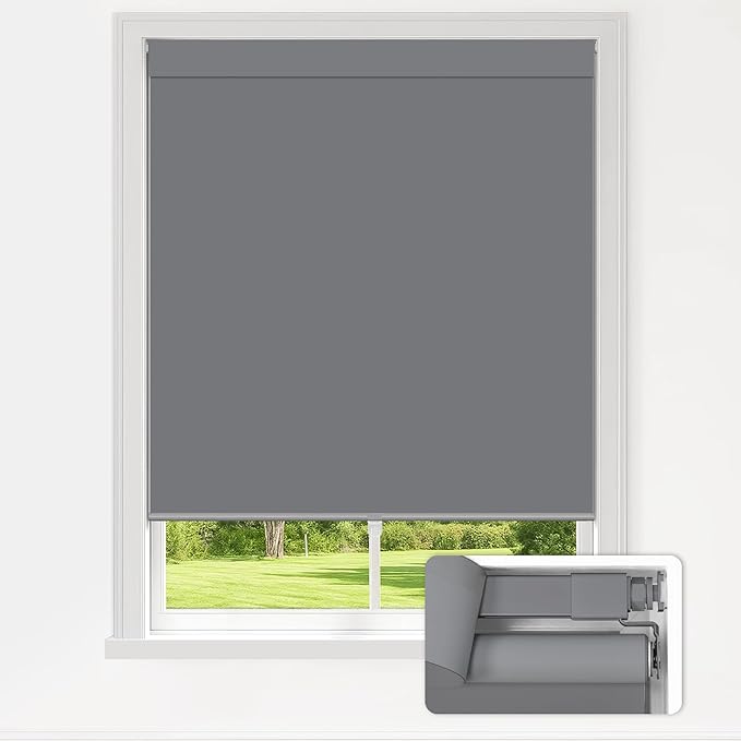 LazBlinds No Drill Blinds for Indoor Windows, Blackout Roller Shades, Cordless Window Blackout Blinds, Thermal Insulated Fabric UV Protection for Home and Office, 28" W x 48" H, Grey