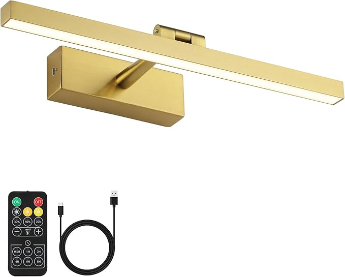 Joosenhouse Battery Operated Picture Light, Wireless Painting Art Light with Remote Control, Dimmable & Timer Function, 15.35" Brass Gallery Light Wall Sconce