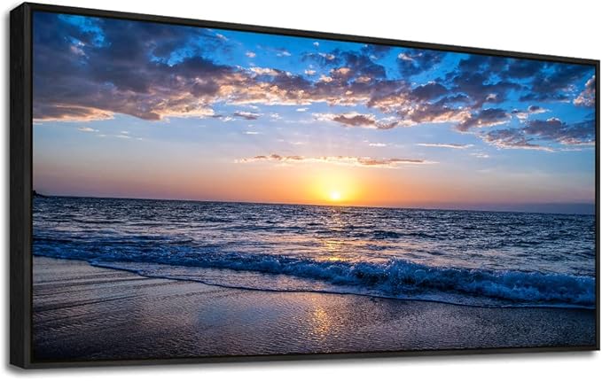 Blue Ocean Framed Wall Decor Living Room Large Size Canvas Wall Art For Bedroom Boho Home Decor Sea Beach Canvas Pictures Artwork Sunny Sea View Painting Office Wall Decorations Black Framed 30" X 60"