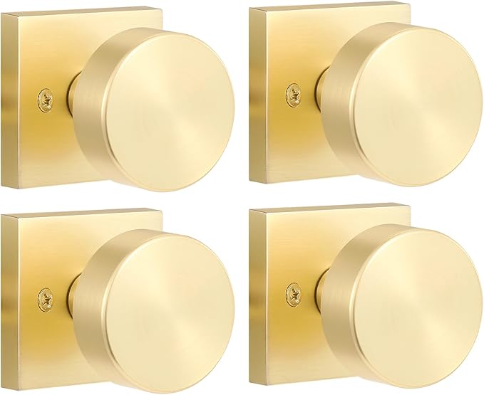 4 Pack Gold Dummy Door Knobs Interior, Brushed Brass Dummy Door Knobs for Closet Doors and Bifold Doors, Heavy Duty Modern Square Dummy Door Handle, Satin Brass