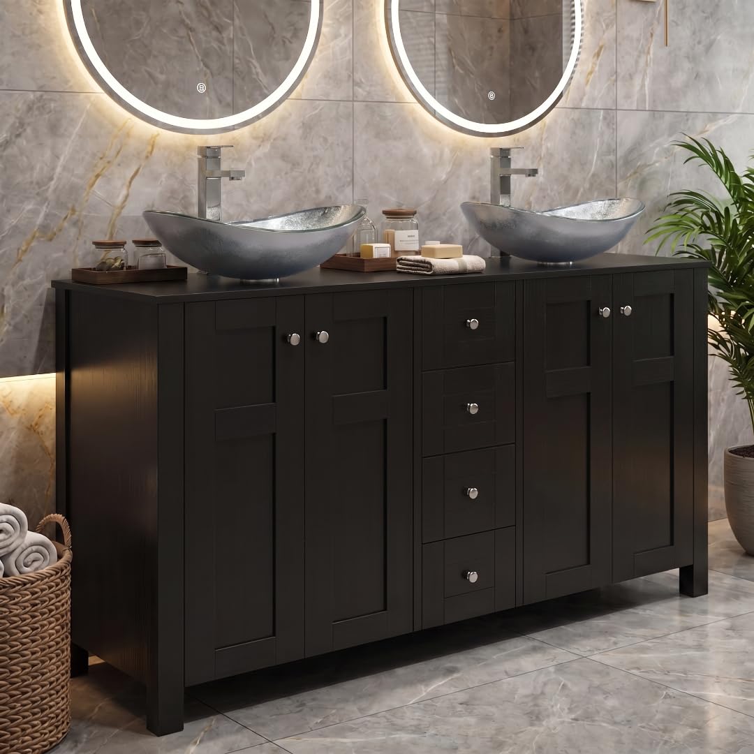 SOLIDEE 48 Inch Bathroom Vanity with Sink, Traditional Freestanding Black Bathroom Vanity Cabinet with Four Drawers, Pedestal Cabinet with Two Boat Silver Glass Vessel Sinks