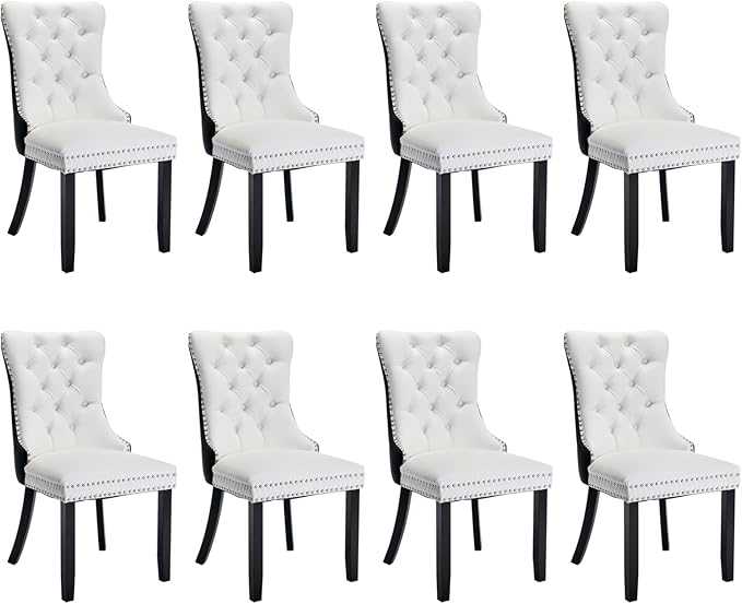 SoarFlash Leather Dining Chairs Set of 8, Tall Back Side Chair, Modern Upholstered Side Chair with Button Back Ring, Solid Wood Legs (Black&White)