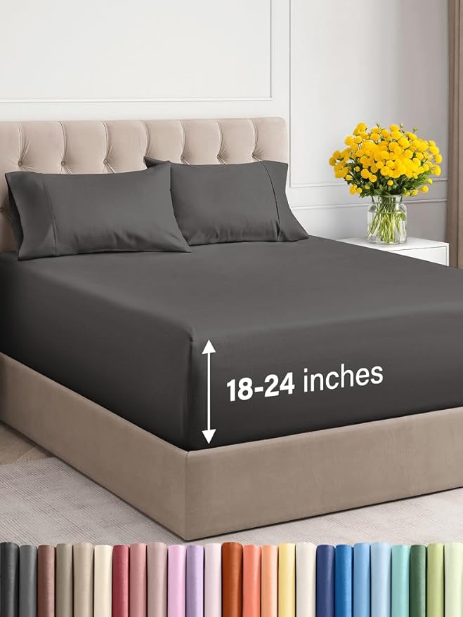 Extra Deep Twin XL Sheet Set - 4 Piece Breathable & Cooling Sheets - Hotel Luxury Bed Sheets Set - Easy & Secure Fit - Soft, Wrinkle Free & Comfy Sheets Set - Charcoal Sheet Set w/Extra Deep Pockets