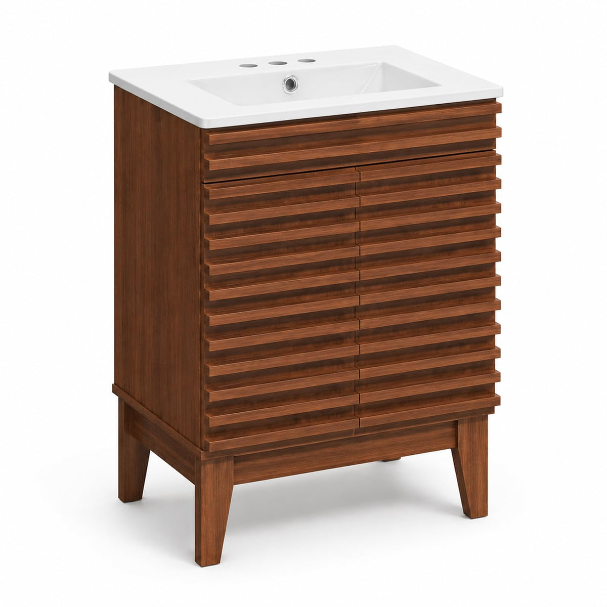 LUXEYARD 24 Inch Bathroom Vanity with Sink, Walnut Fluted Freestanding Bathroom Vanity Cabinet with Ceramic Sink Top, Solid Wood Legs, Soft Close Double Doors and Modern Storage Cabinet