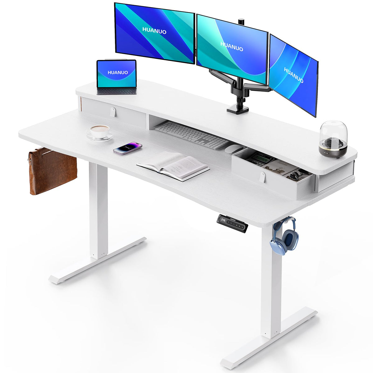 HUANUO 55″ x 26″ Electric Standing Desk with 2 Drawers, C-Clamp Mount Compatible, Height Adjustable Computer Desk, Home Office Stand Up Desk with 4 Preset Heights & 2 Hooks, White