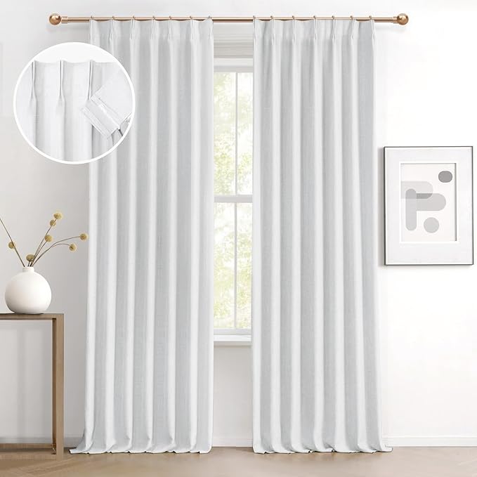 IVAPUPU Linen Pinch Pleated Full Blackout Curtains for Bedroom - Black Out White Curtains 95 Inch Long 2 Panel for Living Room Darkening Thermal 2 Pages Window Curtain Drapes with 16pc Hooks