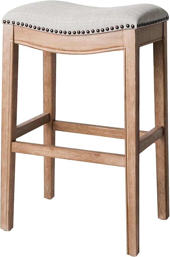 Maven Lane Adrien Backless Bar Stool – 31 Inch Saddle Seat with Footrest – Brown Solid Wood Frame & Natural Fabric Upholstery – Ideal for Bars, Pub Tables & Tall Kitchen Counters
