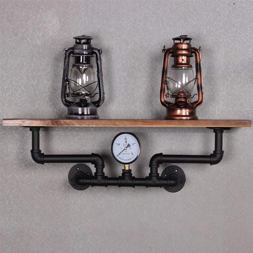 BSEARMG Rustic Industrial Style Wood and Metal Pipe Wall Shelf Storage Unit