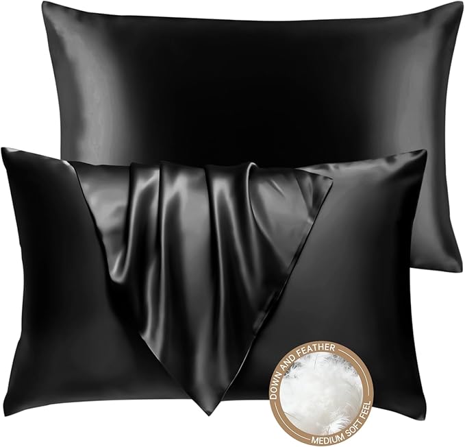 BHZ Black Satin Goose Down Feather Pillows Standard Size Set of 2 with Black Satin Pillowcase for Hair and Skin, Cooling Pillow Cases Similar to Silk Pillow Cases, Decor for Women, Mom