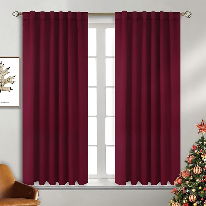 BGment Rod Pocket and Back Tab Blackout Curtains for Bedroom - Christmas Curtains Thermal Insulated Room Darkening Drapes for Living Room, 2 Window Curtain Panels (52 x 45 Inch, Burgundy Red)