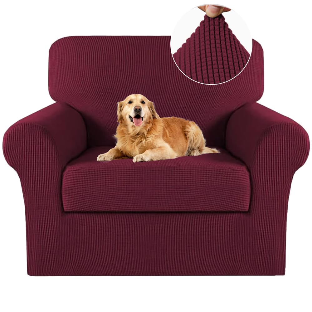 Turquoize 2 Piece Chair Covers Chair Slipcovers For Living Room Armchair Sofa Covers Chair Couch Cover with Arms Washable Furniture Protector for Chairs Feature Thick Jacquard Fabric (Chair, Burgundy)