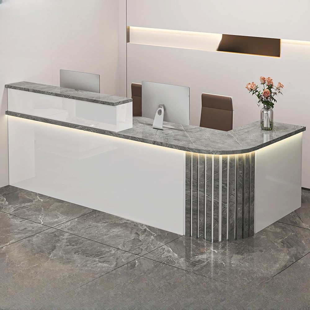 LITFAD L-Shaped Reception Desk, Left Corner - White/Gray Stone Texture