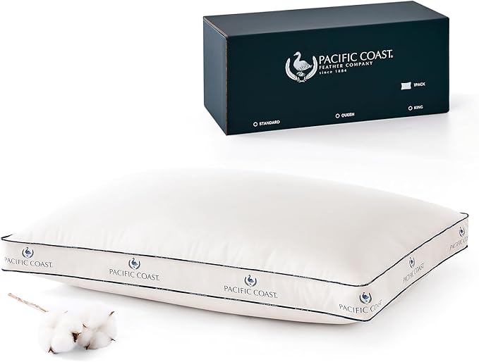 Pacific Coast Goose Firm Bed Pillows of Standard Size, 100% Organic Cotton Cover, Gusseted Design for Sleeping, Feather and Down Pillows of Hotel Collection