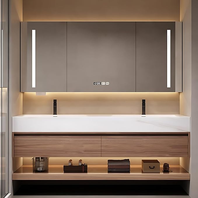 Luxury Bathroom Vanities, Defogging LED Lighted Mirror, Bathroom Cabinet with Solid Wood & Double Integrated Sink, Bathroom Vanity (Light Brown, 64'')