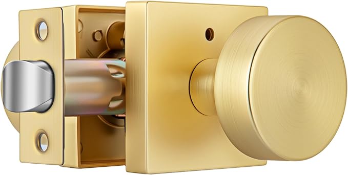 Gold Door Knobs Interior, Heavy Duty Brushed Gold Interior Door Knob, Square Bathroom/Bedroom Door Knob with Lock, Zinc Alloy Indoor DoorKnob (1 Pack)