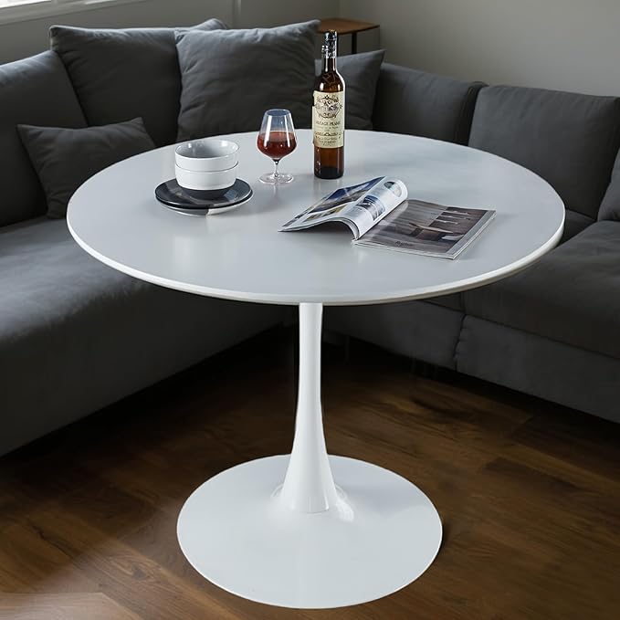 Round Table,42" Modern Dining Table for 4-6 People with MDF Top&Metal Pedestal Base,Coffee Table Thickened Tabletop for Dining Room/Kitchen/Living Room,White
