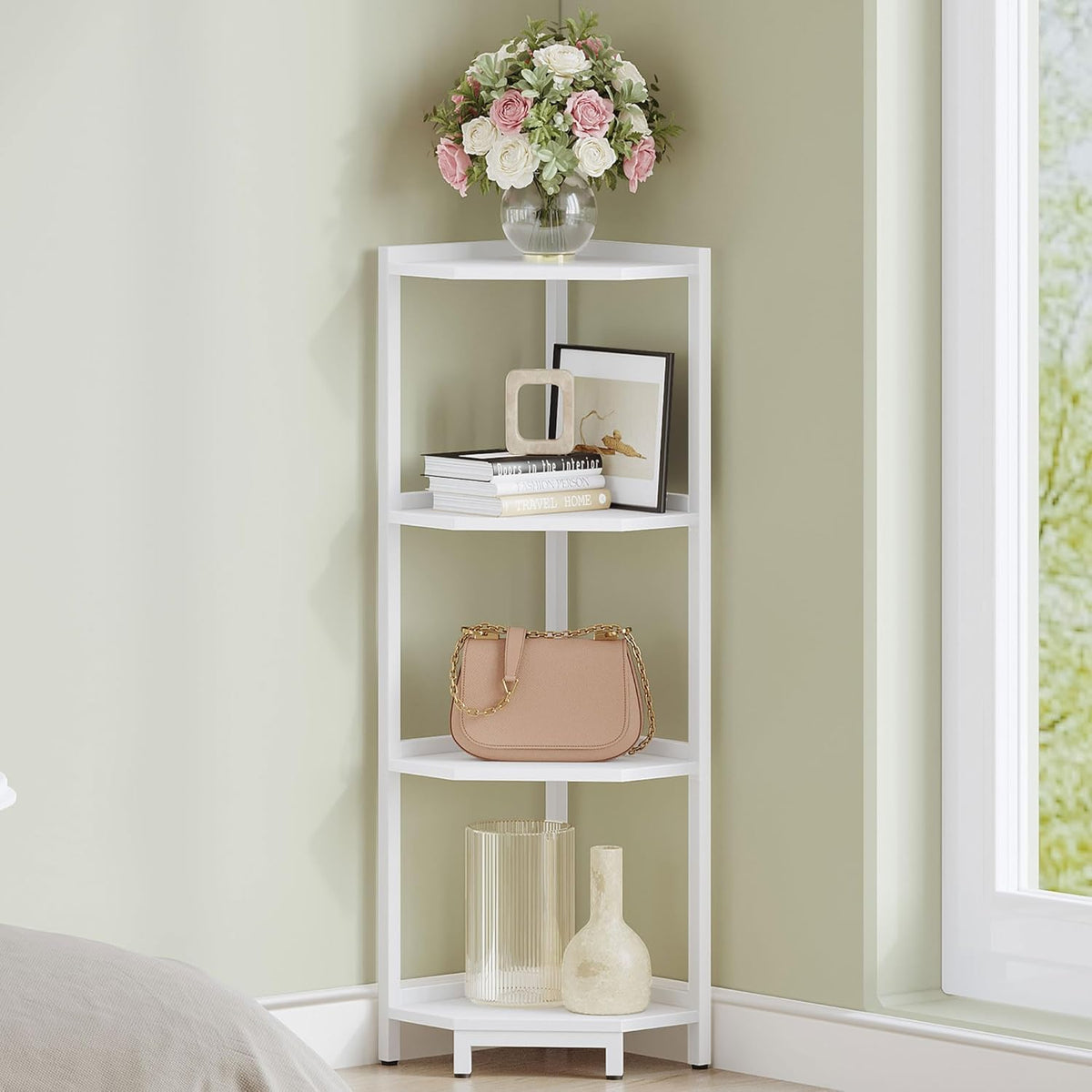 Hzuaneri Corner Shelf Stand 4-Tier Corner Bookshelf Storage Standing Shelf
