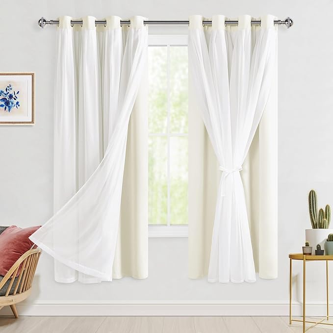 Hiasan Ivory Blackout Curtains with Sheer Overlay, Grommet Thermal Insulated Mix & Match Double Layer Window Curtains for Girls Bedroom, Living Room, 2 Panels Sewn with Tiebacks, 52W X 63L