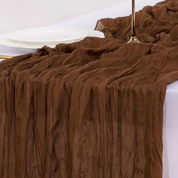 Socomi 6pcs Brown Coffee Christmas Cheesecloth Table Runner Boho Rustic Gauze 120 inch 10FT Cheese Cloth Runner for Wedding Party Baby Shower Birthday Home Decor Holiday Decorations