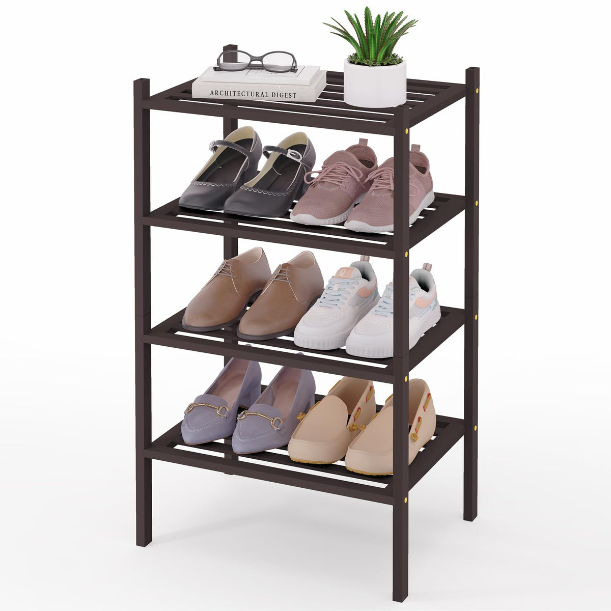 Smiry Bamboo Shoe Rack, 5 Horizontal Slats, 4 Tier - 17.3" Wide, Brown