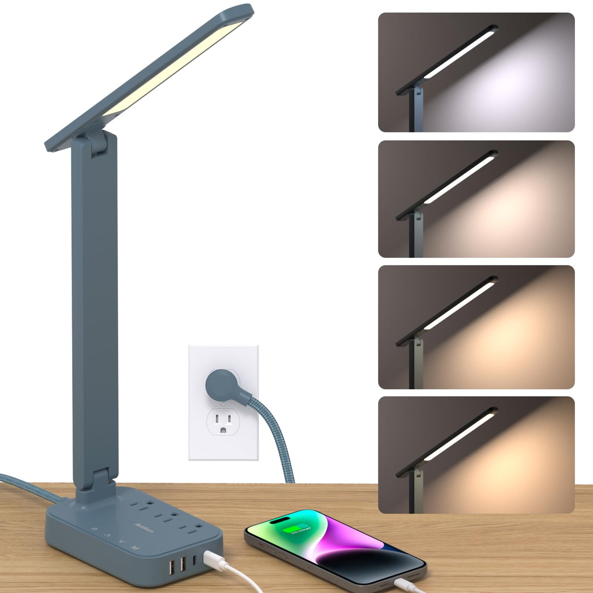 Addtam LED Desk Lamp, Power Strip with 3 Outlets 4 USB Charging Ports(2 USBC), 4 Modes 5 Level Brightness Touch Lamp, Small Desk Lamp for Home Office College Dorm Room Essentials, Blue