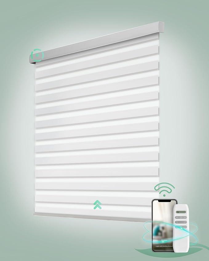Yoolax Motorized Zebra Blinds, Remote Zebra Shades for Indoor Windows, Motorized Shades with Remote Light Control Horizontal Window Blinds Custom Size(80% Shading White)