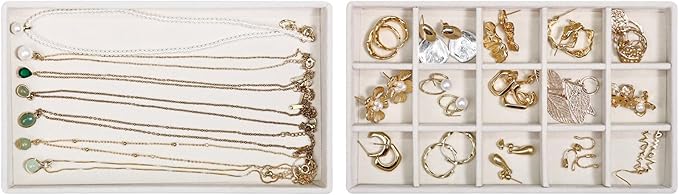 Stackable Jewelry Organizer Trays with Removable Dividers, 2-Tray Beige Jewelry Drawer Organizer Set for Earrings, Necklaces, Rings & Bracelets Gift for Her