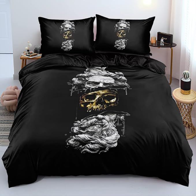 Modern Art Design Duvet Cover Set Twin/Twin XL Size Black Golden Skull Comforter Covers Pillow Shams Black Background Bed Set Broken Statue Doce Bedding Sets
