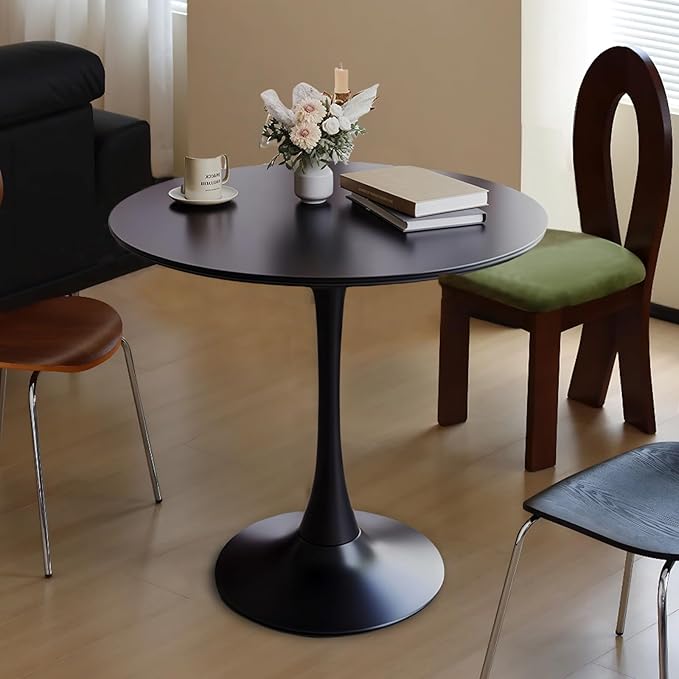 Round Table,24" Modern Dining Table for 2 People with MDF Top&Metal Pedestal Base,Coffee Table Thickened Tabletop for Dining Room/Kitchen/Living Room,Black