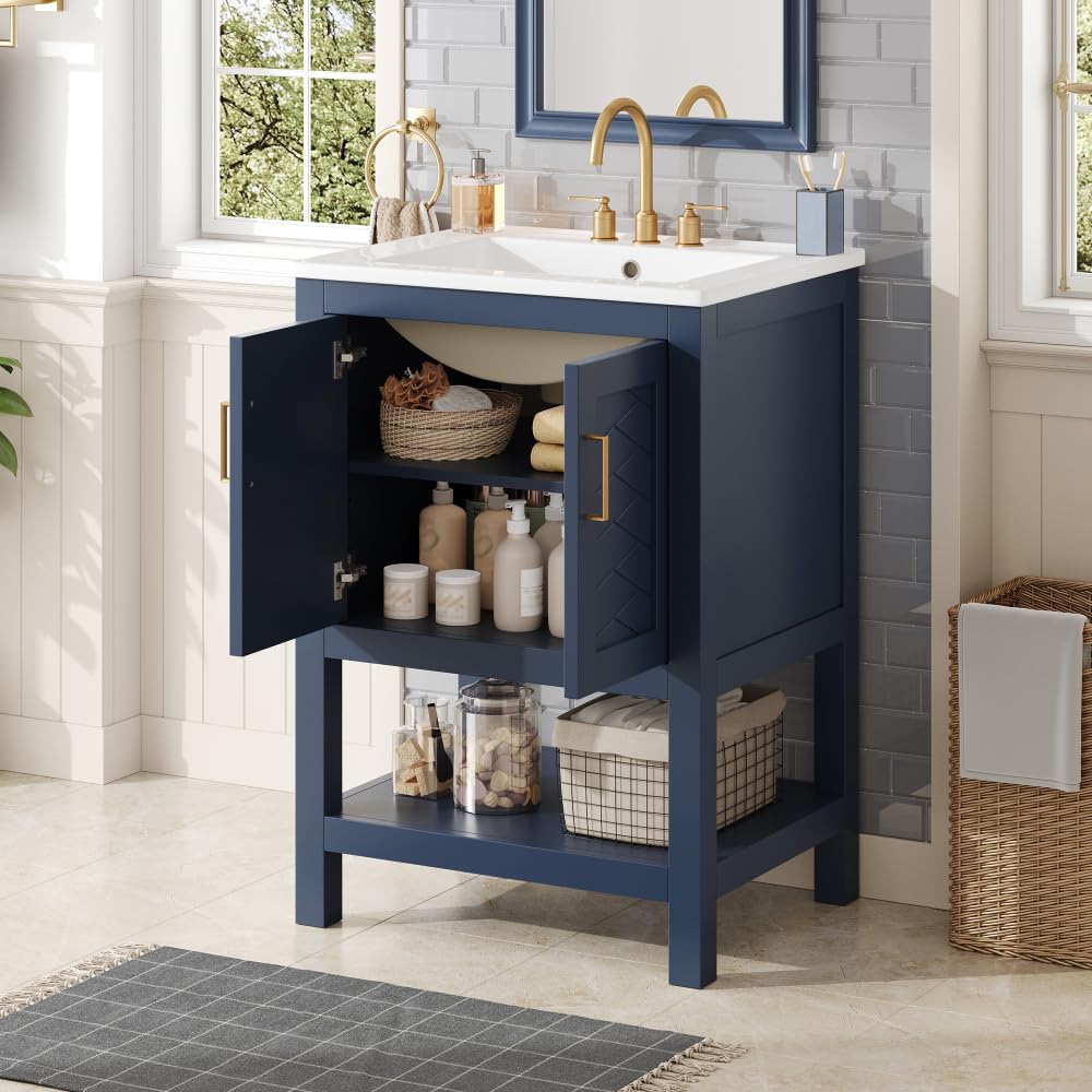 Virubi 24 in Bathroom Vanity with Sink, Wood Bathroom Cabinet with Storage, Adjustable Shelf, Back Open Structure, Freestanding (Blue)