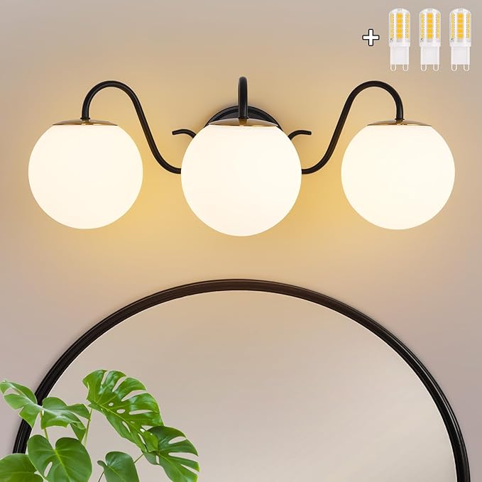 3 Lights Vintage Bathroom Vanity Light Fixtures Over Mirror, Matte Black Vanity Lights For Bathroom With Milk White Glass Globe Shade, Wall Lights For Bedroom, Hallway, Dressing Table(Includ G9 Bulbs)