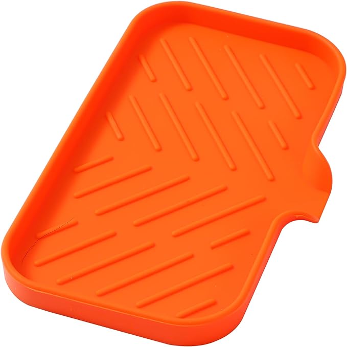 Silicone Bathroom Soap Dishes with Drain Spout-Bathroom and Kitchen Sink Organizer,Sponge Holder,Dish Soap Tray,Perfect for Dispenser,Scrubber,Bottle,Cup on Sink or Counter-Orange 9.6"×5.3"