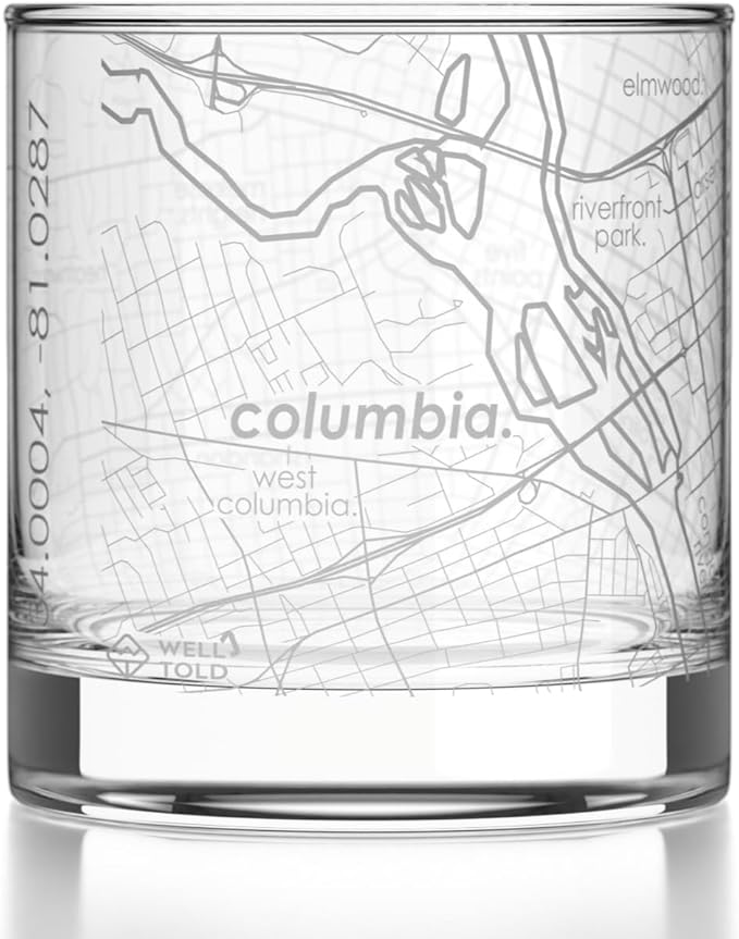 Well Told Engraved Columbia South Carolina Map Rocks Glass, Old Fashioned Glassware (11 oz, Clear) Etched Bourbon Tumbler, Gifts For Whiskey Lovers