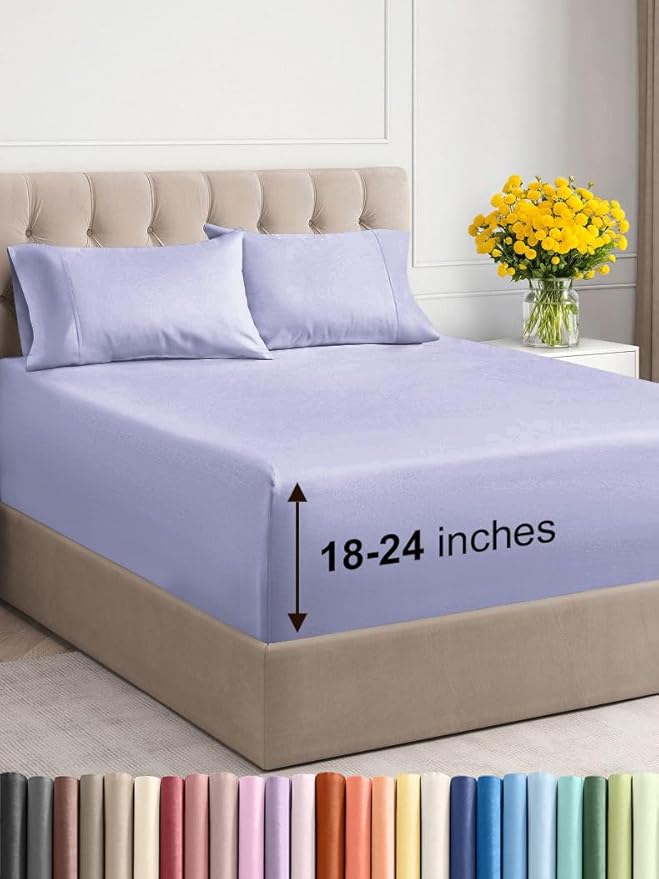 Extra Deep Twin Sheet Set - 4 Piece Breathable & Cooling Sheets - Hotel Luxury Bed Sheets Set - Easy & Secure Fit - Soft, Wrinkle Free & Comfy Sheets Set - Lavender Sheet Set with Extra Deep Pockets