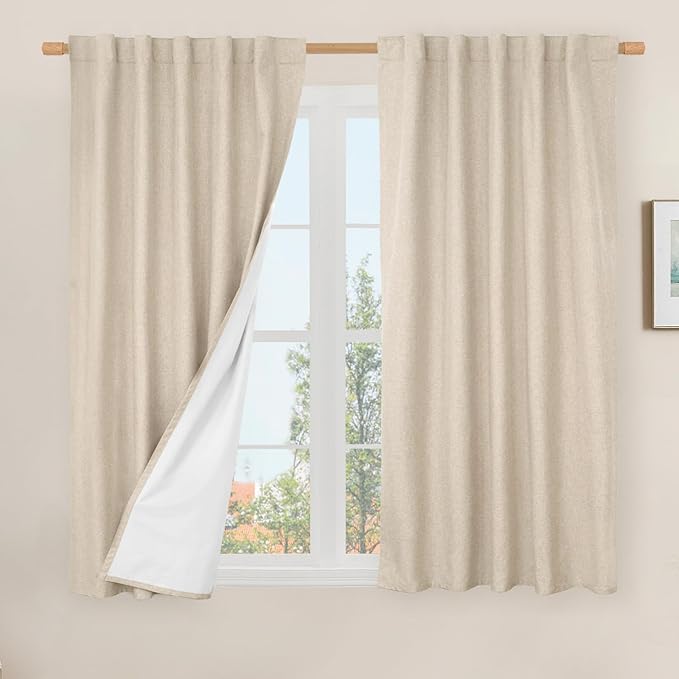 LAMIT Natural 100% Blackout Linen Curtains, 45 Inches Linen Textured Thermal Bedroom Curtains Back Tab and Rod Pocket Neutral Panels with White Liner for Farmhouse, 2 Panels, 42 x 45 Inch, Linen