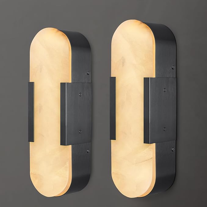 Alabaster Wall Sconce, 13.8" Natural Marble Wall Sconce, Black Alabaster Sconces Set of Two, Indoor Modern Bathroom Sconces Wall Lighting for Living Room, Bedroom, Hallway, Stairs