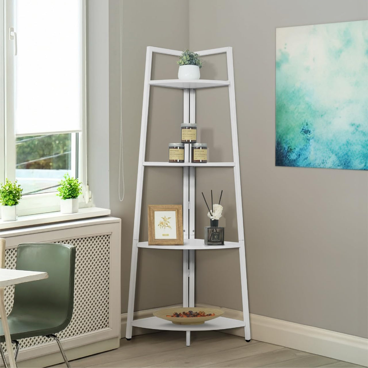 CAPHAUS 4-Tier Corner Shelf Stand, Tall Display Shelves, Ladder Corner Wood Storage Plant Bookshelf with Metal Frame, Versatile Shelving Unit Bookcase for Home Office Space, White