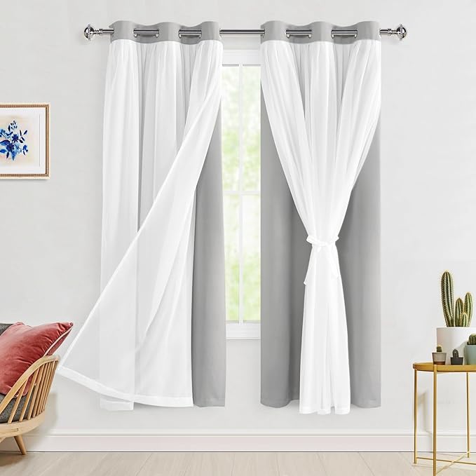 Hiasan Blackout Curtains with Sheer Overlay, Thermal Insulated Privacy Double Layer Mix & Match Window Curtains for Girls Bedroom, Living Room, 2 Drape Panels with Tiebacks, Silver Grey, 42W X 63L