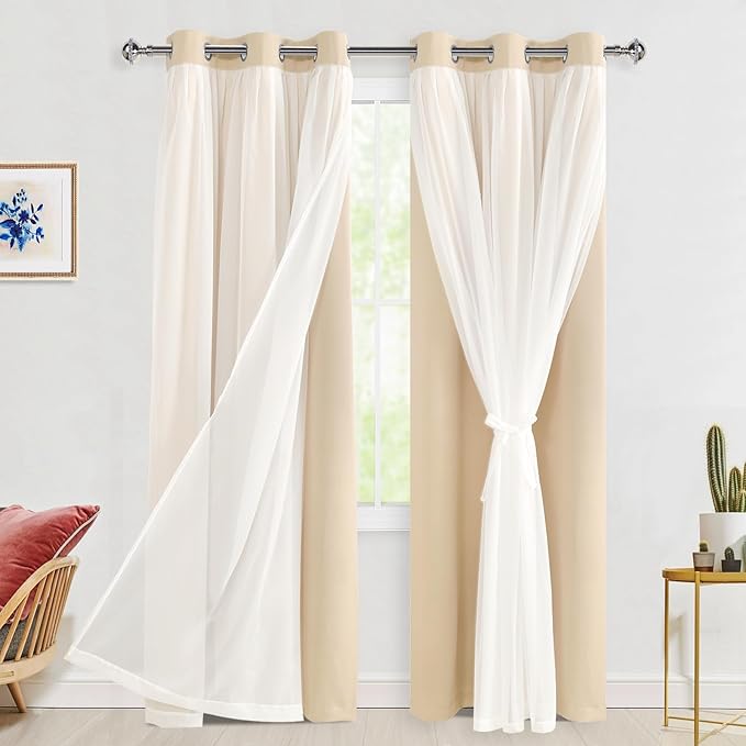 Hiasan Blackout Curtains with Sheer Overlay, Thermal Insulated Mix & Match Double Layer Room Darkening Curtains for Bedroom, Living Room, Nursery, 2 Window Panels Sewn with Tiebacks, Beige, 38W X 84L