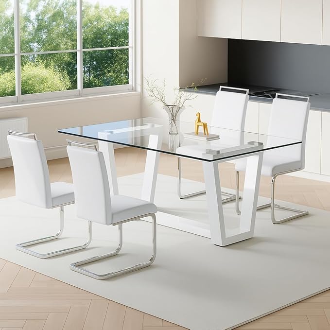Ebullient Glass Dining Table Set for 4, Modern Dining Table Set for 4, Tempered Glass Tabletop with White MDF Trapezoid Legs, Rectangle Kitchen Table with 4 Faux Leather Chairs for Home, Apartment
