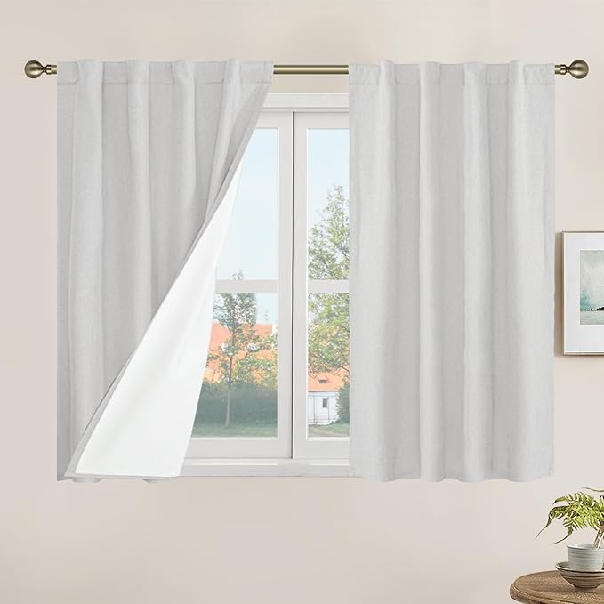 LAMIT Short Linen Curtains 40 Inches Long for Small Window, 100% Blackout Thermal Curtains Back Tab and Rod Pocket Kitchen Panels with White Liner for Cafe, 2 Panels, 34 x 40 Inch, Light Grey