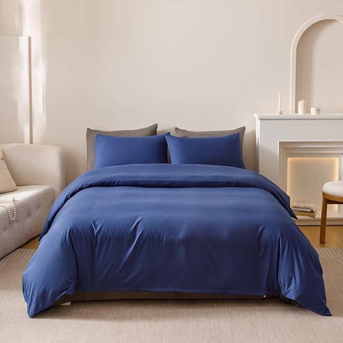 Houseri Royal Blue Comforter Set Queen Neutral Navy Bedding Men Women Japanese Style Solid Blue Vintage Farmhouse Bed Sets Queen Size