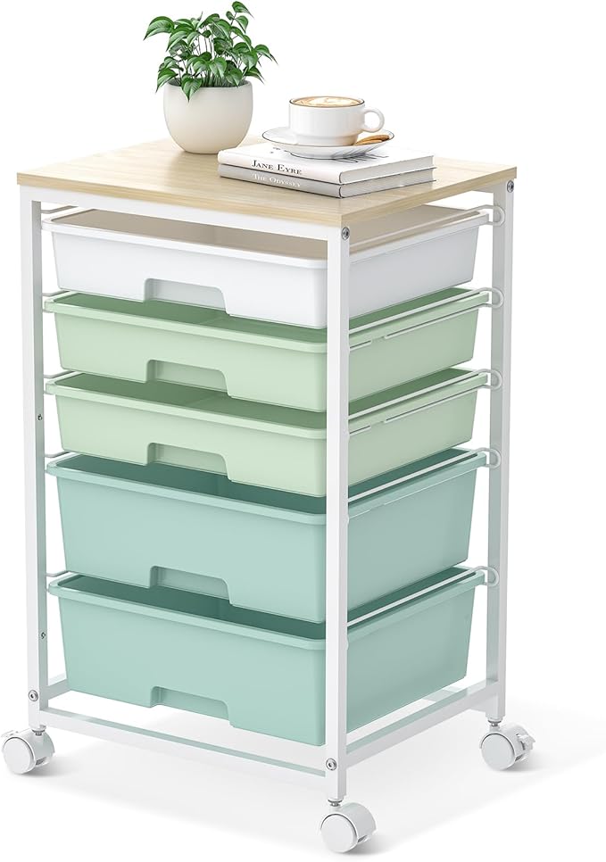 Craft cart,Rolling Cart with Drawers,Storage Cart with 5 Drawers and Wooden Tabletop for Under Desk Organizers and Storage,Green