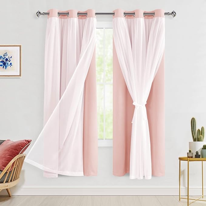 Hiasan Pink Blackout Curtains with Sheer Overlay Thermal Insulated Mix & Match Double Layer Room Darkening Window Curtains for Bedroom Living Room Nursery 2 Panels with Tiebacks(42W X 63L,Blush Pink)