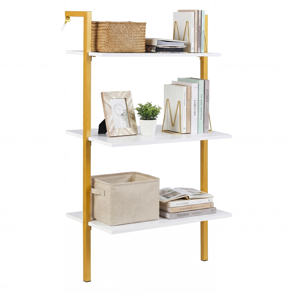 GIANTEX Ladder Shelf, 3-Tier Wood Wall Mounted Bookshelf with Metal Frame, Modern Open Storage Rack and Display Shelves, Wooden Floating Shelving Unit for Living Room, Home Office (Gold+White)
