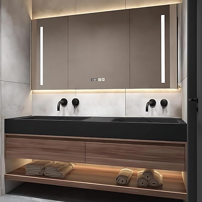 Luxury Bathroom Vanities, Defogging LED Lighted Mirror, Bathroom Cabinet with Solid Wood & Double Integrated Sink, Bathroom Vanity (Dark Brown, 72'')